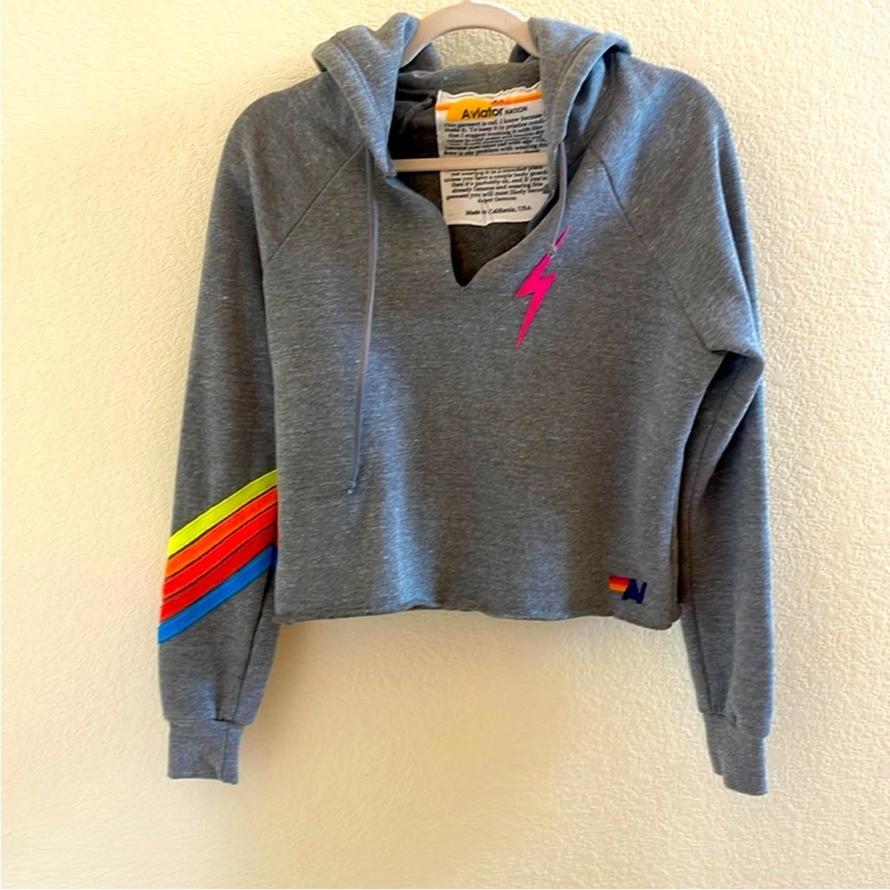 Aviator Nation Gray Cropped Hoodie with Neon Stripe and Pink Lightning Bolt